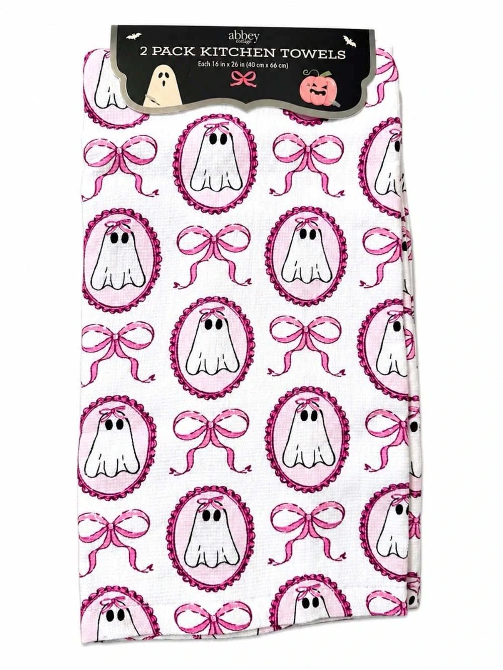NWT Abbey Cottage Pink Ghost Kitchen Towel & XL Dish Drying Mat Set Halloween